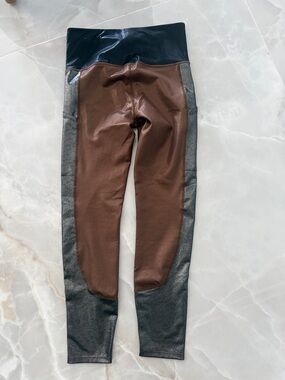 JoyLab Brown Faux-Leather Leggings with Black Waistband and Gray Side Panels